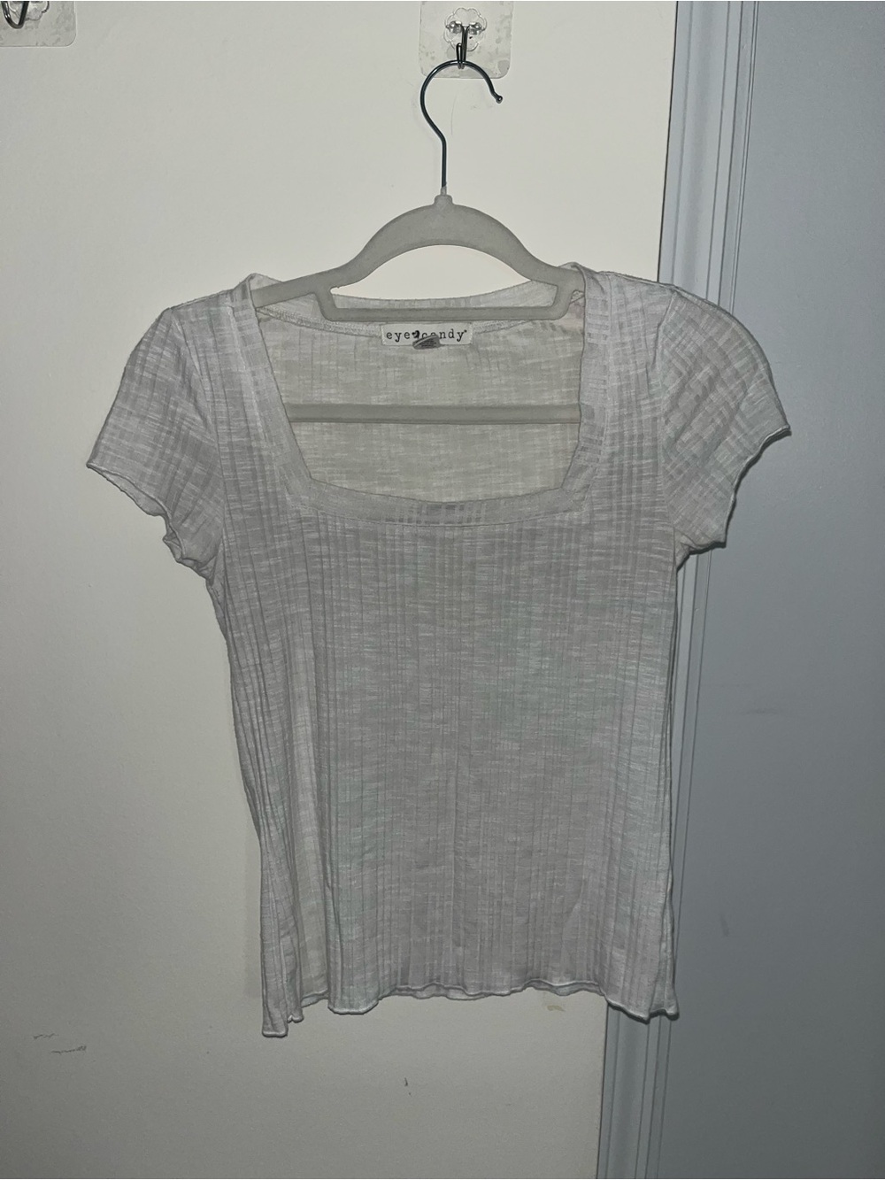 eye candy White Ribbed Square-Neck Short Sleeve Tee